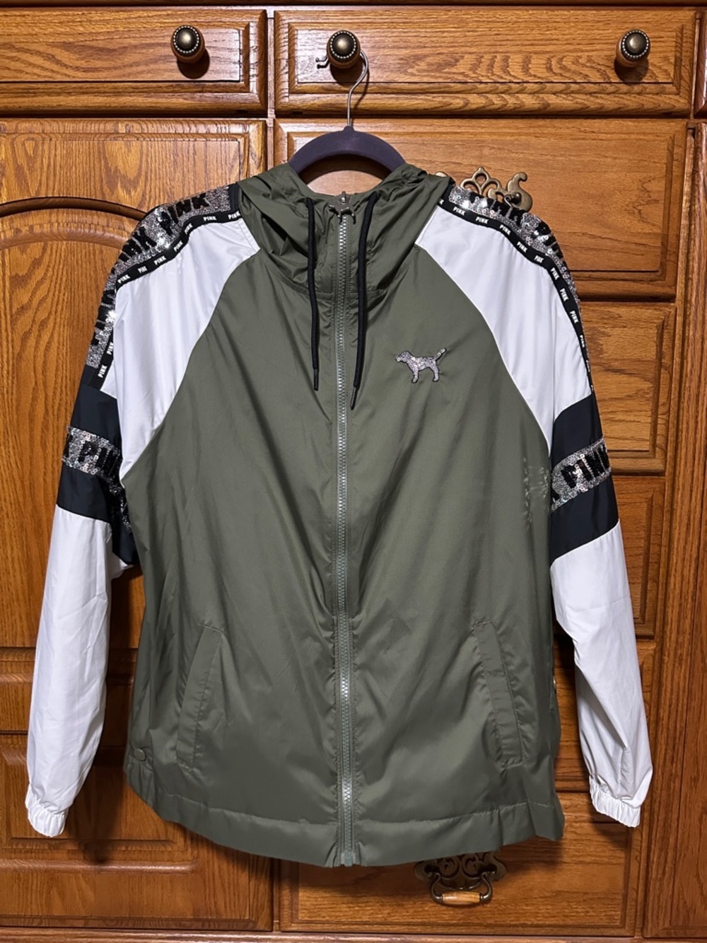 PINK Victoria’s Secret Olive Green Hooded Anorak with Silver/Black Sequins